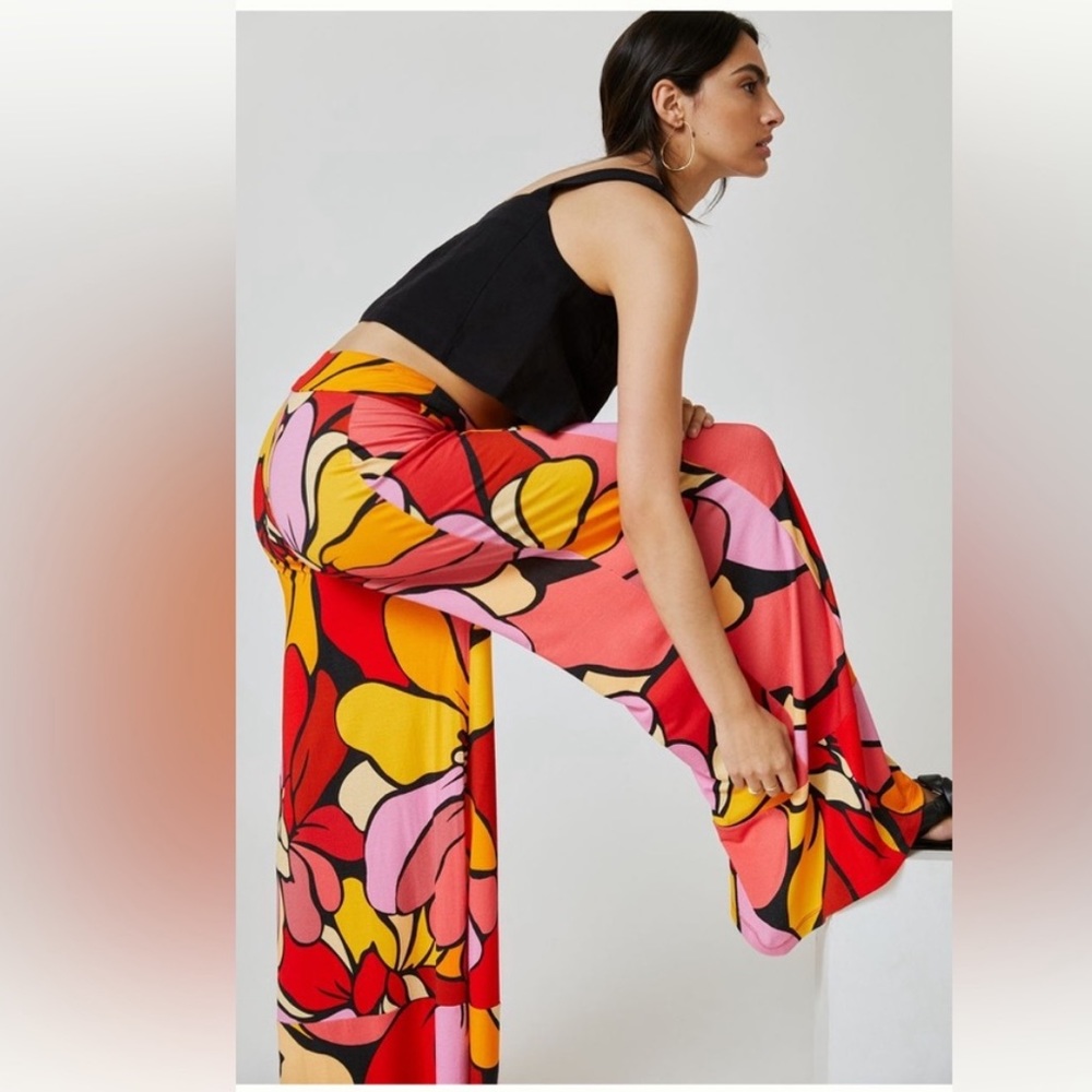 Farm by Anthropologie Multicolored Tropical Floral Wide Leg Pants
